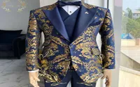 2022 Luxury Gold Floral Jacket Men039s Men039s 3 pe￧as Slim Fit Groomsman Groom Wedding Tuxedos Party Blazer Vest Pant6834794