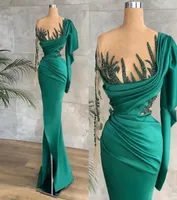 Green Prom Dresses Sexy Sheer Neck One Shoulder Split Evening Gowns With Appliques Beads6721546