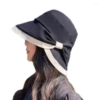 Berets Lady Bucket Hats Korean Style Sunhat For Women Bow Tie Anti-UV 58cm Foldable Summer Beach Female Bob Cap YF0112