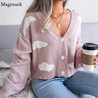 Women's Knits Preppy Style Cloud Knitted Sweater Women Fashion Cardigan Harajuku Korean V-neck Long Sleeve Crop Top Ropa Mujer 18115