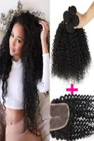 1pc Top Lace Closure3pcs Curly Hair Wefts Brazilian Kinky Curly Virgin Human Hair Weave Hair Extensions Deep Curly 7A Remy Human 5176408