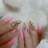 False Nails 24pcs High-end Fashion Handmade Crystal Diamond Long Pointed Fake Sexy Pink