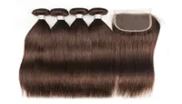 KissHair 4 Bundles With 44 Lace Closure Color 4 Dark Brown Brazilian Straight Virgin Hair Weave Bundles5491181