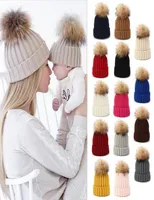 2Pcs ParentChild Ribbed Knitted Beanie Hat Set Mother Baby Family Winter Pom Pom Warmer Solid Color Cuffed Skull Cap4735198