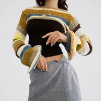 Women's Sweaters Knitted Retro Long Sleeve T-shirt Y2K Crop Top Cut Out Women Summer Sun Protection Breathable Cardigans Tee