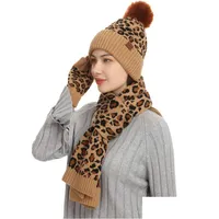 Hats Scarves Gloves Sets Autumn Winter Women Knitted Hat Warm Beanie Caps Leopard Scarf Gloves 3Pcs Set Drop Delivery Fashion Acc Dhxe9