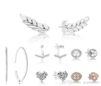 NEW 100 925 Sterling Silver pandora Earrings Love Heart Carved Feather Flower type Hollow Ear Studs charm Beads Fit Original DIY 6889028