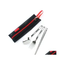 Flatware Sets Stainless Steel Chopsticks Spoons And Forks Set Outdoor Flatware Suit Portable Dinnerware Kit 3Pcs Storage Bag Packing Dhvk9