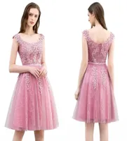 2018 Elegant Sexy Scoop Pink ALine Bridesmaid Dresses Beads Lace Appliques Sash Maid of Honor Gowns KneeLength Prom Dresses CPS75123735