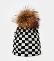 Beanies 2021 Fashion Leopard Zebra Plaid Cow Print Wool Knitted Hats Winter Real Raccoon Fur Pompom Hat For Women5320134