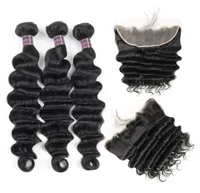 2021 Brazilian Loose Deep Human Hair Bundles with Closure Kinky Curly Straight 34 PCS with Lace Frontal Peruvian Body For Women A6746847