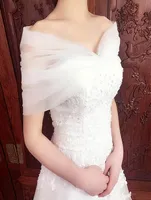 2017 Elegant Bateau Neckline Wedding Bridal Wraps Jacket Shawl Sexy Off Shoulder Tulle Lace Up Back Wedding Accessories2407568