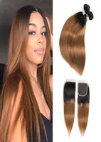 1B30 Ombre Human Hair Bundles With Closure Golden Brown Brazilian Straight Hair 3 Bundles With 4x4 Lace Closure Remy Human Hair Ex7194641