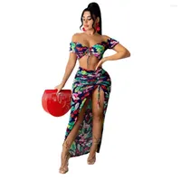 Work Dresses Flower Digital Print Summer Strapless Pleat Top With Long Skirt Beach Women Dress Sets
