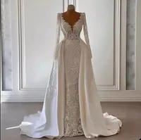 Mermaid Lace Wedding Dresses Appliqued Bridal Gowns With Detachable Train Long Sleeves V Neckline Sweep Train Vestido De Novia