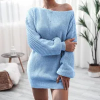 스커트 여성용 어깨 니트 스웨터 드레스 2022 가을 겨울 랜턴 긴 소매 드레스 레이디스 캐주얼 블루