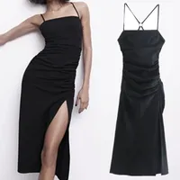 Casual Dresses Jennydave Dress Women Fashion Sexy Party Spaghetti Strapless Black Vestidos Hollow Out in Back Forking Midi