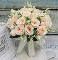 실크 새틴 리본 핑크 흰 샴페인 신부 들러리 신부 파티를 들고 꽃 자연 Rose3983110을 들고 웨딩 꽃 꽃다발