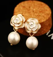 Elegant Camellia Flower Earrings Drop Wedding Party Accessories for Women Bridal Rose Gold Pearl Earrings stud Female Accessories7627443