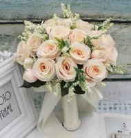 실크 새틴 리본 분홍색 흰 샴페인 신부 들러리 신부 파티를 들고 꽃의 자연 Rose6538293을 들고 웨딩 꽃 꽃다발