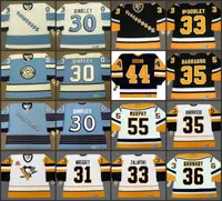 피츠버그 펭귄 30 Les Binkley 31 Ken Wregget 33 Marty McSorley 33 Zarley Zalapski 35 Tom Barrasso Vintage Away Hockey Jersey Stitched