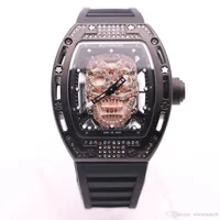 Bateria de quartzo transparente Boyuheng 43mm Diamante Holl Skull Skeleton Gold Dial Watches Mens Pin Buge Buckle Watch Wristwa292s