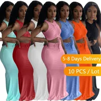 Work Dresses Bulk Items Wholesale Lots Runched Dress Sets Women Summer Drawstring Ribbed Two Piece Set Streetwear Crop Top And Long Skirt