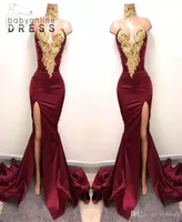 New Sexy African Burgundy Prom Dresses Evening Wear Mermaid Gold Lace Appliqued Front Split Elegant Formal Evening Party Gowns3219849