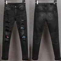 Men's Jeans Patches Detail Biker Fit Men Slim Motorcycle for Mens Vintage Distressed Denim Jean Pants5ex1