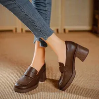 Dress Shoes Thick Heel Brown Versatile Style Mary Jane Small Leather Shoes Square Head High Single Shoes Women
