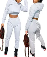 Women039s Tracksuits Autumn Spring Long Sleeve Hoodies Crop Top Hip Laceup Joggers Pants Female Outfit Solid Color Two Pieces 7240601