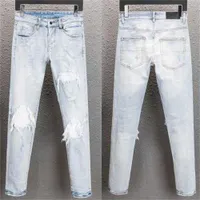 Men's Jeans Patches Detail Biker Fit Men Slim Motorcycle for Mens Vintage Distressed Denim Jean Pants0hjf
