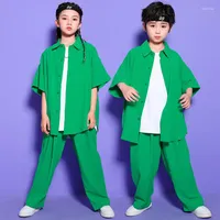 Sahne Giyim Çocuk Recital Hip Hop Kıyafetleri Göster Giyim Yeşil Gömlek Üstleri Sokak Giyim Bol Pantolon Kız Boy Caz Dans Kostüm Kıyafetleri