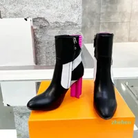 Boots Women Flower-shaped Heel Side Zip High Heels Fashion Black Blue Leather