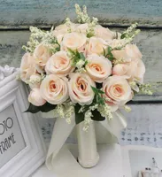 실크 새틴 리본 핑크 흰 샴페인 신부 들러리 신부 파티를 들고 꽃 자연 로즈 5960277을 들고 웨딩 꽃 꽃다발