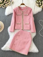 Work Dresses Autumn Winter Beading Pink Plaid Tweed 2 Piece Set Women's Long Sleeve Pockets Jacket Coat A-Line Short Skirt Two