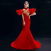 Ethnic Clothing Red Fashion Embroidery Dragon Cheongsam Long Oriental Style Evening Dresses Women Modern Chinese Wedding Dress Robe Rouge Qi