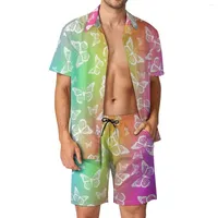 Men's Tracksuits White Butterfly Men Sets Rainbow Print Casual Shirt Set Novelty Vacation Shorts Summer Suit Two-piece Plus Size