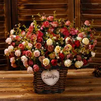 Decorative Flowers 21Heads Artificial Small Rose Silk Bouquet European Style DIY Home Garden Wedding Decoration Fake