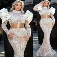 2023 Arabic Aso Ebi White Mermaid Prom Dresses Pearls Lace Luxurious Evening Formal Party Second Reception Birthday Engagement Gowns Dress ZJ743