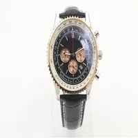 New Style Quartz Watch Chronograph Function Stopwatch Black Dial Gold Fluted Case Leather Belt Silver Skeleton 1884 Navitimer Watc301u