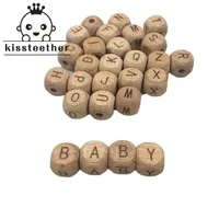 Wooden Teething Accessories 100pc 12mm Square Shape Beech Wood Letter Beads DIY Jewelry Alphabet Baby Teether 2201082667