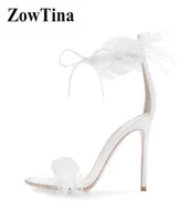 White Feather Decor Women Gladiator Sandals 10cm Thin High Heels Formal Dress Pumps Summer Shoes Black Strap Sandalias Femmes9447675