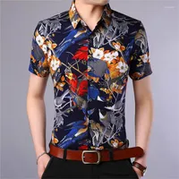 Men&#039;s Casual Shirts 2022 Men Arrival Short Sleeves Turn-down Collar Chinese Style Birds Pattern Printed Silk Cottton