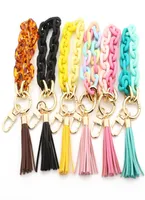 DHL Design Colorful Acrylic Keychain Pu Leather Tassel Key Ring Girls Chain Shape Wristlet Bracelet Keychain for Women5699011