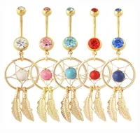 Gold Dream Catcher Feather Blue Stone Navel Piercing Jeia Bungy Rings Nickel 316L A￧o cir￺rgico8533363