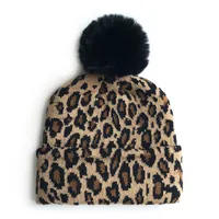 M0281 Autumn Winter Skull Caps Kids Adult Women's Leopard Knitted Hat Faux Fur Ball Lady Warm Beanies Hat
