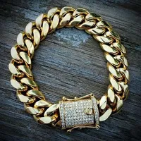 Mens 18K Gold Tone 316L Rostfritt st￥l Kubansk l￤nkkedja Halsband Curb Cuban Link Chain med diamanter CLASP LOCK 8mm 10mm 12mm 14m275r