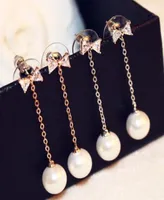 Elegant Zircon Bowknot Drop Earrings for Women Jewelry Fashion Accessories Big Pearl Dangle Earrings Vintage Platinum plating Long9216061