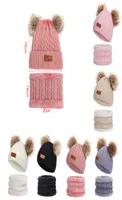 Girl Pompon Hats Scarves Sets Winter Knitted Warm Nature Fur Pom Hat Scarf Thick Beanies Caps Kids Baby Solid Bones1392852